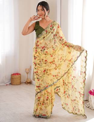  georgette floral mini flower print saree with mirror work & cutwork border 4