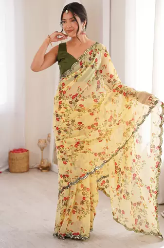  georgette floral mini flower print saree with mirror work & cutwork border