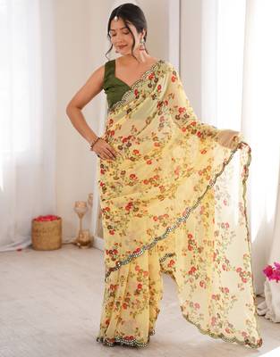  georgette floral mini flower print saree with mirror work & cutwork border 5