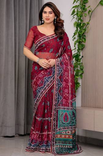 Sheer organza printed sarees with multicolor border detailing