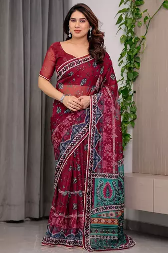 Sheer organza printed sarees with multicolor border detailing