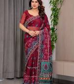 Sheer organza printed sarees with multicolor border detailing