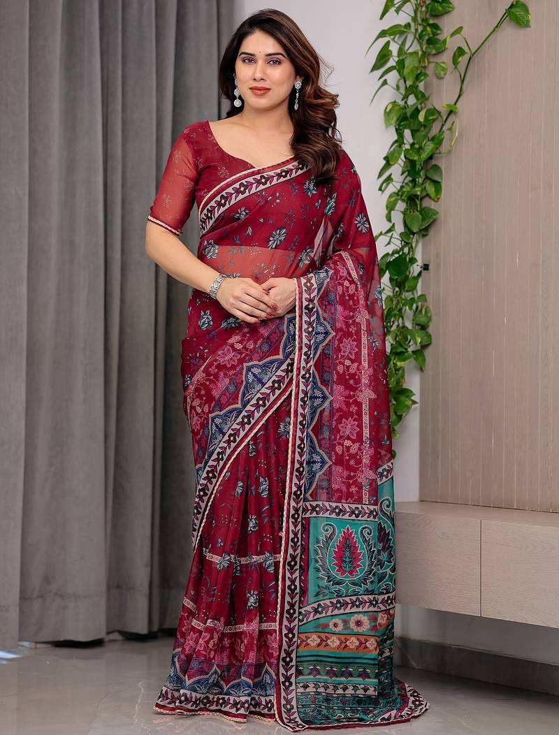 Sheer organza printed sarees with multicolor border detailing
