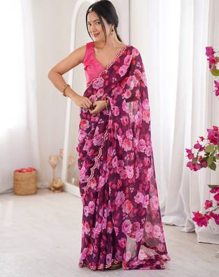  georgette floral mini flower print saree with mirror work & cutwork border 1