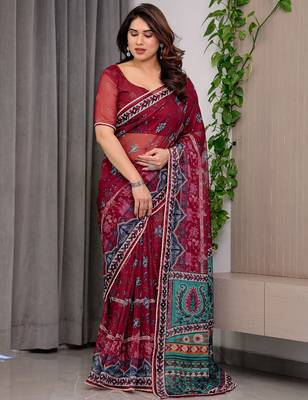Sheer organza printed sarees with multicolor border detailing 2
