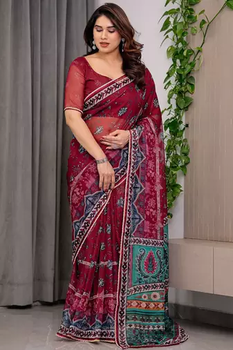 Sheer organza printed sarees with multicolor border detailing
