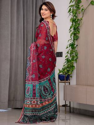 Sheer organza printed sarees with multicolor border detailing 3