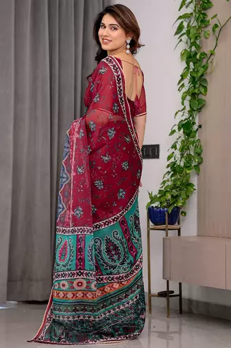 Sheer organza printed sarees with multicolor border detailing