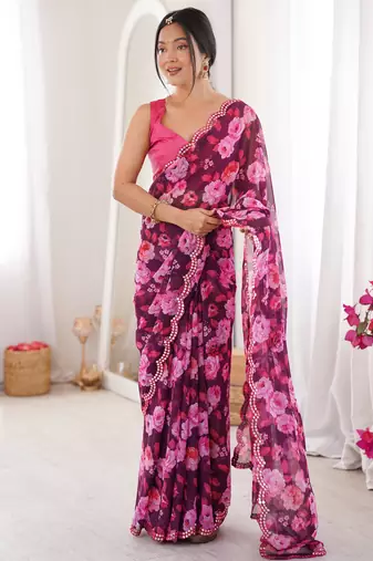  georgette floral mini flower print saree with mirror work & cutwork border