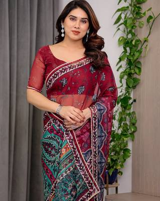 Sheer organza printed sarees with multicolor border detailing 4