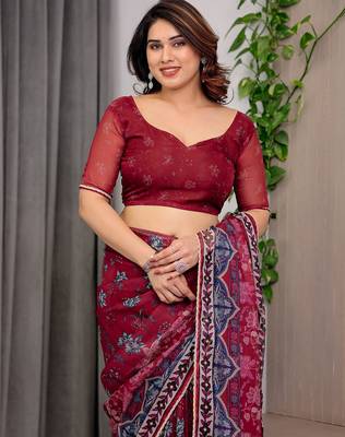 Sheer organza printed sarees with multicolor border detailing 5