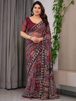 Elegant printed organza sarees with multicolor edge borders 1
