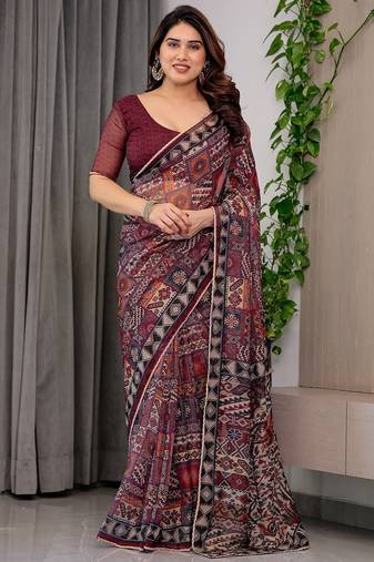 Elegant printed organza sarees with multicolor edge borders