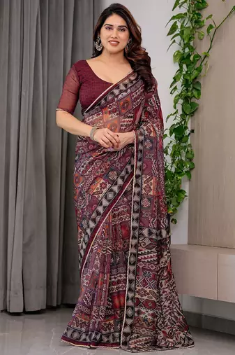 Elegant printed organza sarees with multicolor edge borders