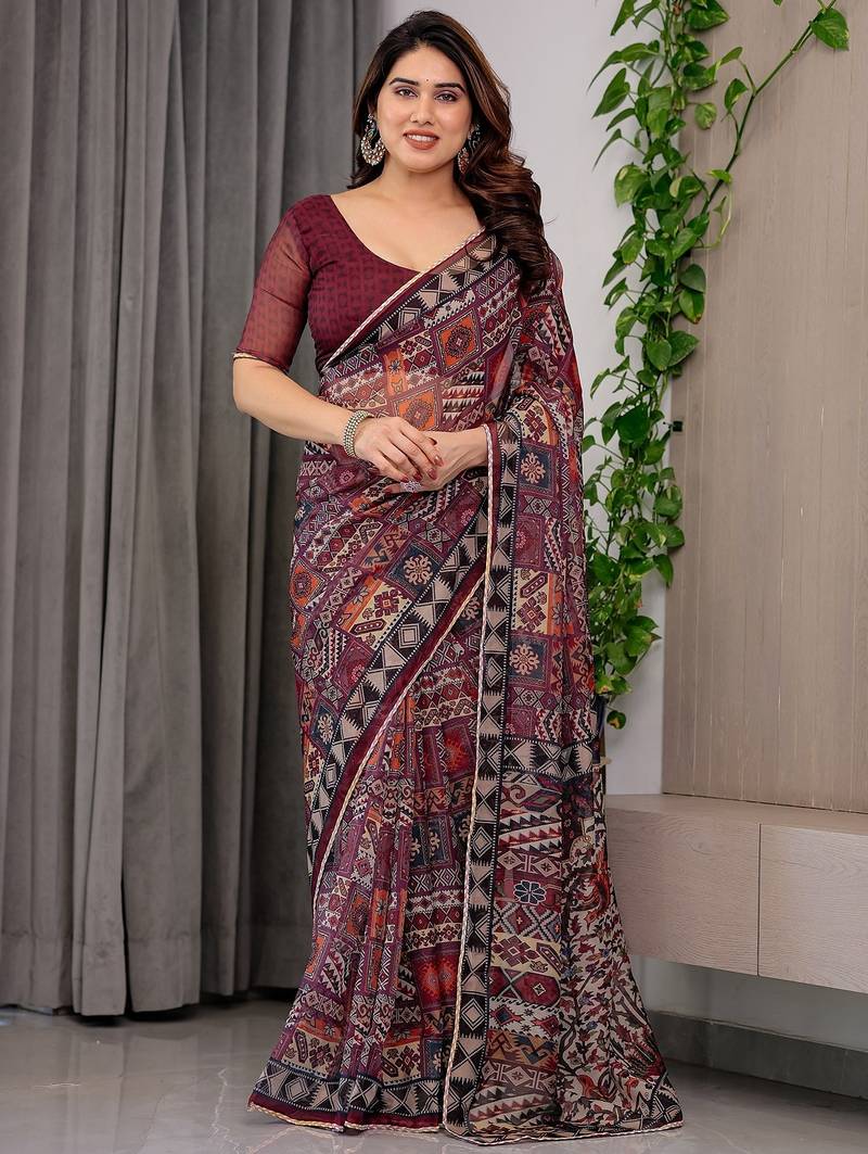 Elegant printed organza sarees with multicolor edge borders