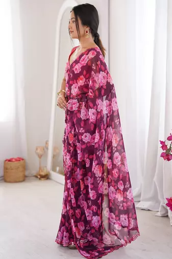  georgette floral mini flower print saree with mirror work & cutwork border