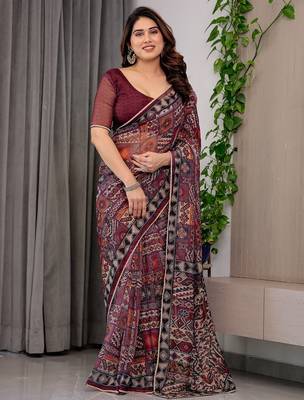 Elegant printed organza sarees with multicolor edge borders 2