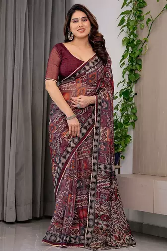 Elegant printed organza sarees with multicolor edge borders