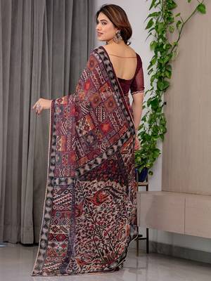 Elegant printed organza sarees with multicolor edge borders 3
