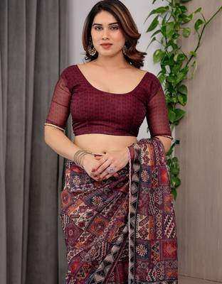 Elegant printed organza sarees with multicolor edge borders 5