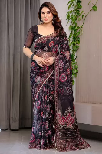 Designer organza printed saree collection with vibrant borders