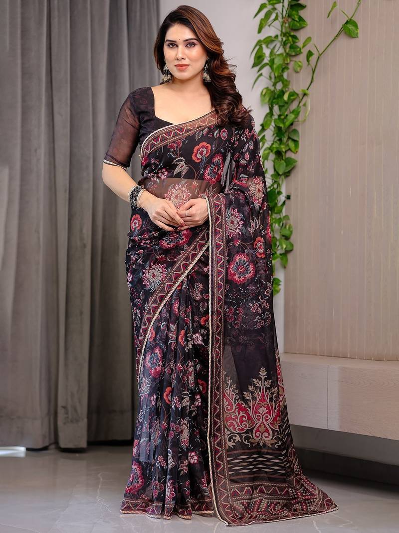 Designer organza printed saree collection with vibrant borders