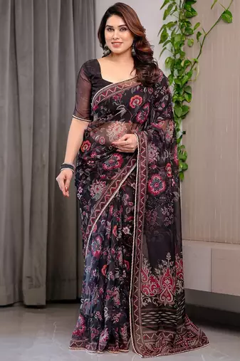 Designer organza printed saree collection with vibrant borders