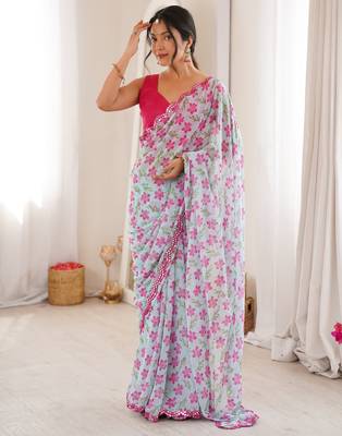  georgette mini flower floral print saree with mirror work & cutwork border 1