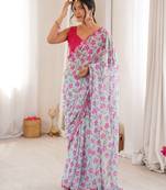  georgette mini flower floral print saree with mirror work & cutwork border