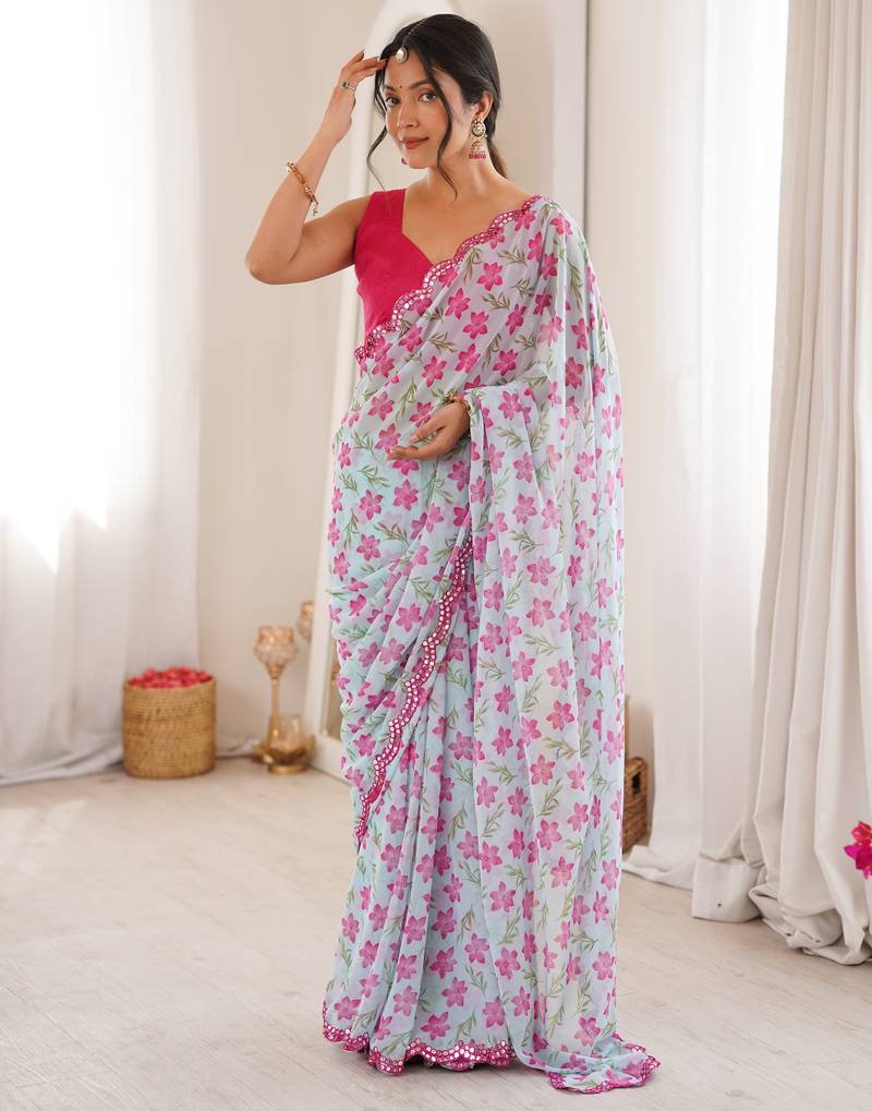 Heavy georgette mini flower floral print saree with mirror work & cutwork border
