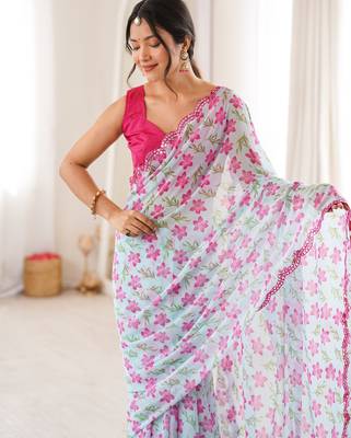  georgette mini flower floral print saree with mirror work & cutwork border 2