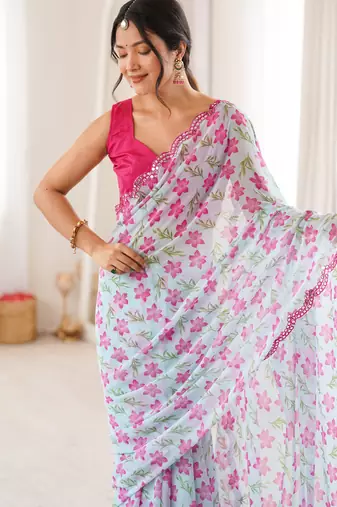  georgette mini flower floral print saree with mirror work & cutwork border