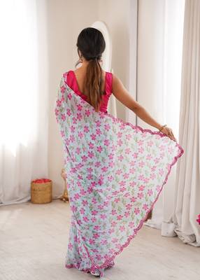  georgette mini flower floral print saree with mirror work & cutwork border 3