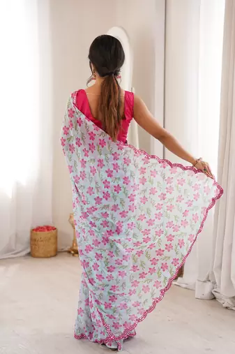  georgette mini flower floral print saree with mirror work & cutwork border
