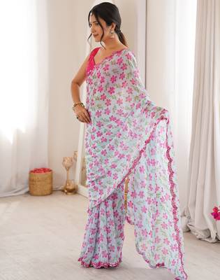  georgette mini flower floral print saree with mirror work & cutwork border 5