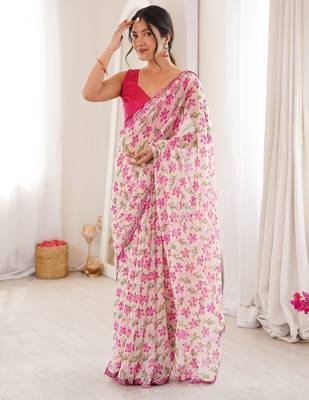  georgette mini flower floral print saree with mirror work & cutwork border 1