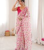 Heavy georgette mini flower floral print saree with mirror work & cutwork border