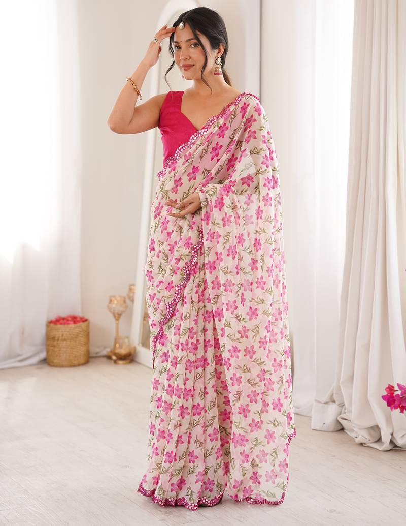 Heavy georgette mini flower floral print saree with mirror work & cutwork border