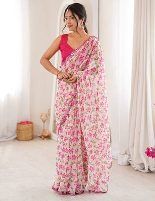  georgette mini flower floral print saree with mirror work & cutwork border 3