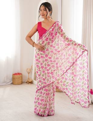  georgette mini flower floral print saree with mirror work & cutwork border 4
