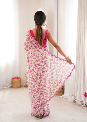  georgette mini flower floral print saree with mirror work & cutwork border 5