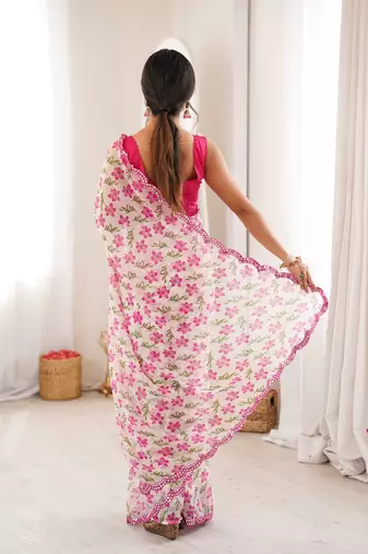  georgette mini flower floral print saree with mirror work & cutwork border