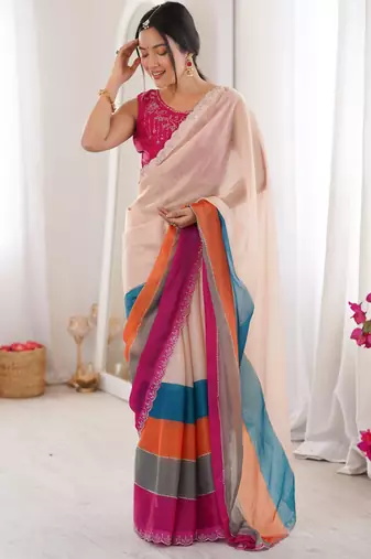 Arkhan diamond work fandy silk digital printed saree with cutwork border