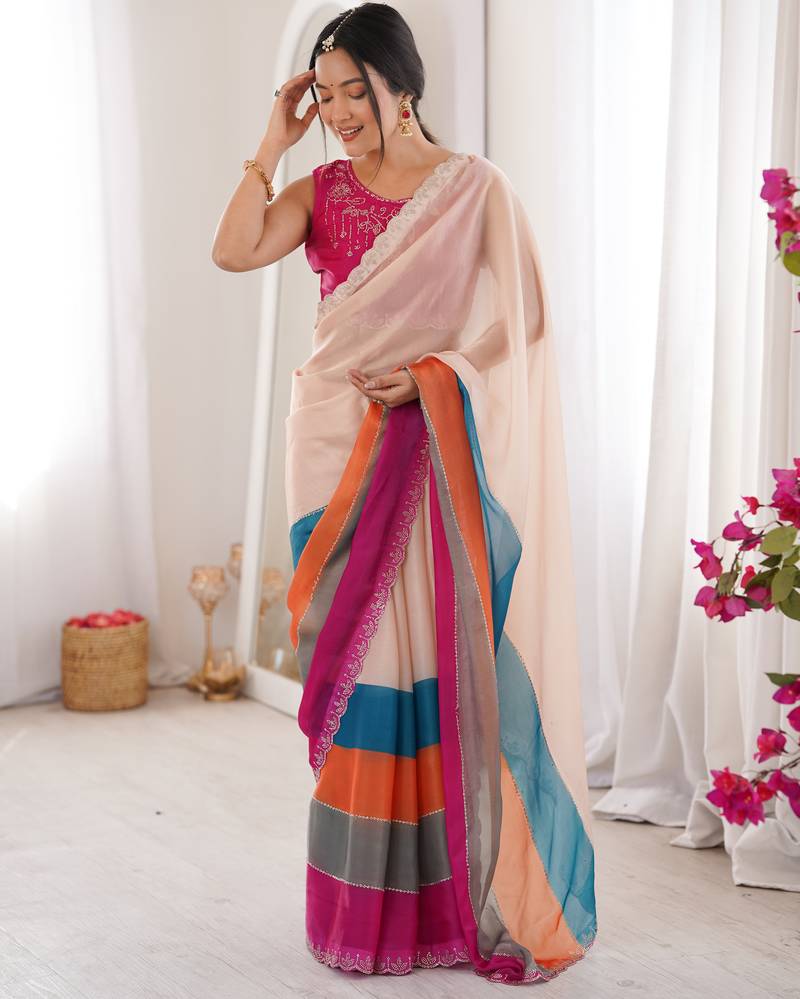 Arkhan diamond work fandy silk digital printed saree with cutwork border