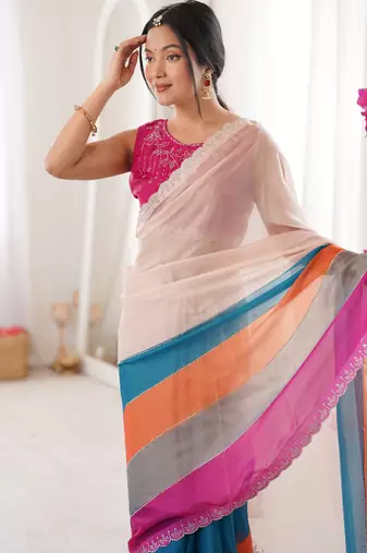 Arkhan diamond work fandy silk blend digital printed saree with cutwork border