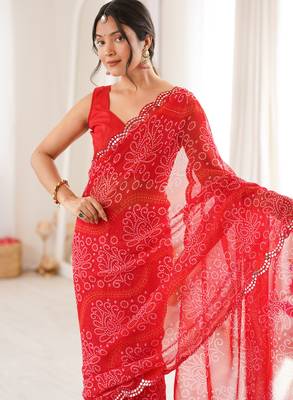  georgette bandhani print saree with mirror work & cutwork border 1