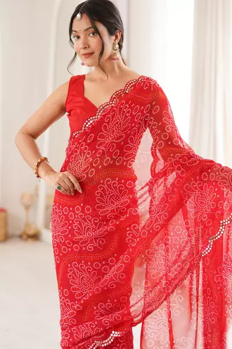 Heavy georgette bandhani print saree with mirror work & cutwork border