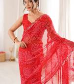 Heavy georgette bandhani print saree with mirror work & cutwork border