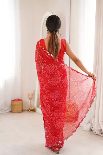 georgette bandhani print saree with mirror work & cutwork border