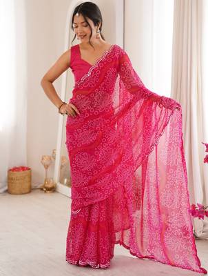  georgette bandhani print saree with mirror work & cutwork border 1